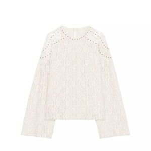 Zara Cream Lace Long-Sleeve Blouse with Eyelet Detail